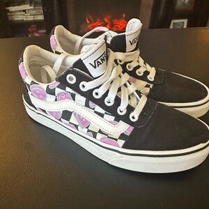 Vans Black White Checkerboard Sneakers with Pink Heart Accents